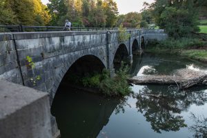 The "Nine Mile Creek Aqueduct," which carries the Erie Canal over Nine Mile Creek, part of the Camillus Erie Canal Park on October 10, 2024 near Camillus, New York.