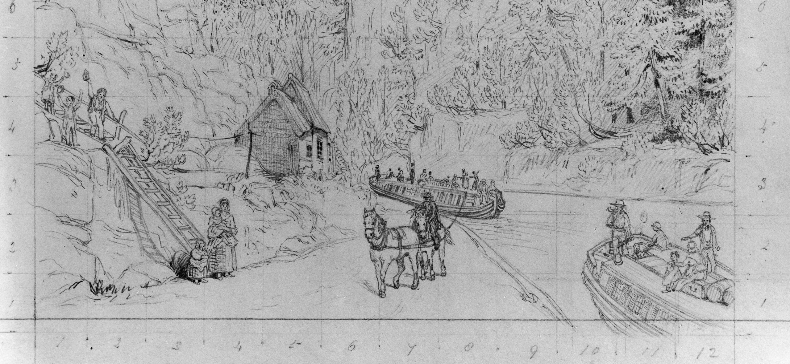 Drawing by William Rickarby Miller showing the Erie Canal at Little Falls, New York, with boats and people on the shore, New York, USA, 1849.