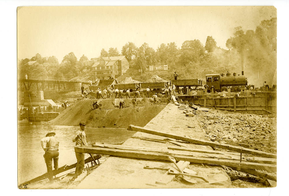 Laborers from Walter Bradley & Co.'s construction firm working on the Barge Canal in the Fulton, N.Y. area, ca. 1914.