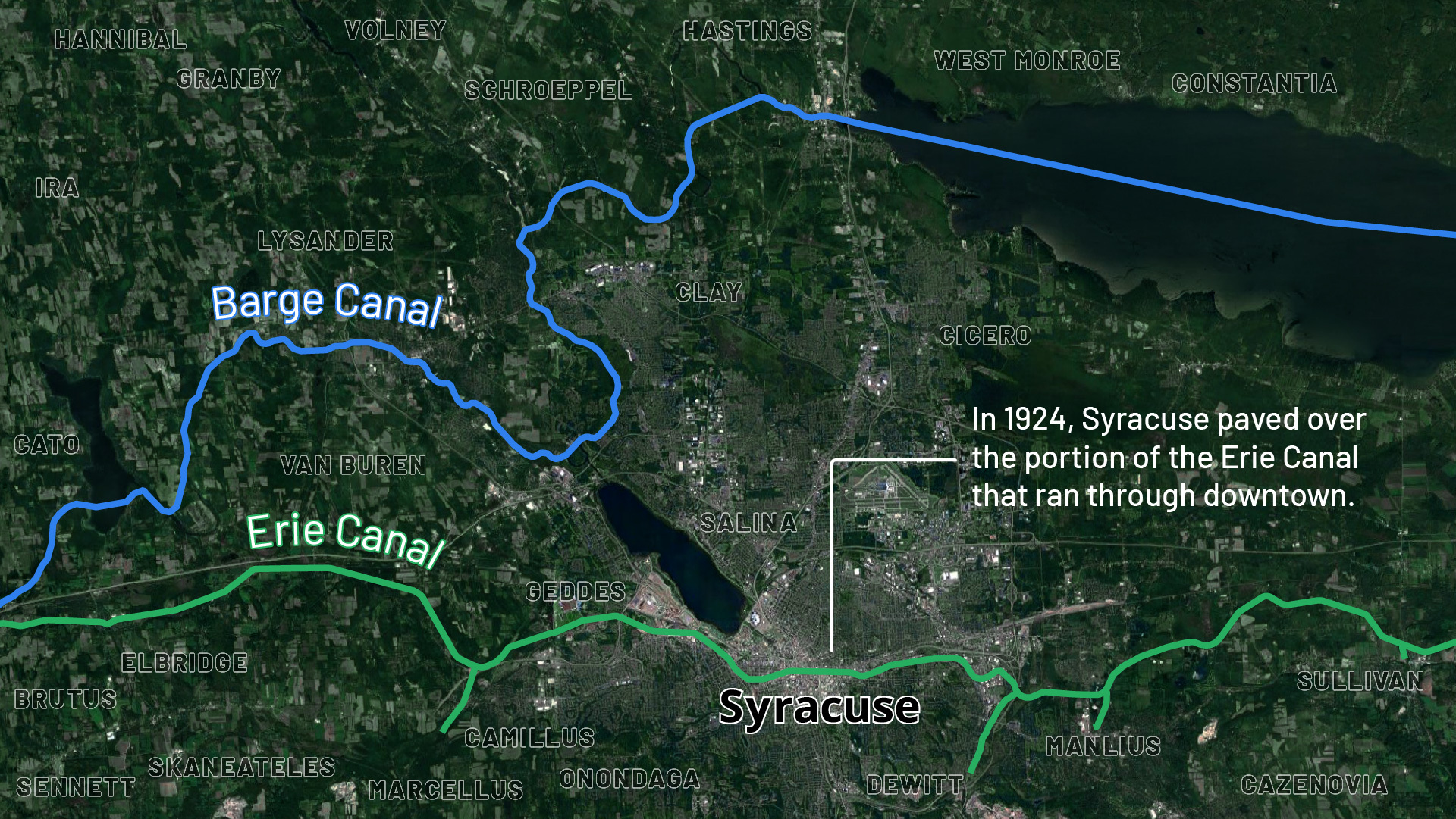 Map depicts the route of the original Erie Canal running through downtown Syracuse and the current Barge Canal running through Oneida Lake.
