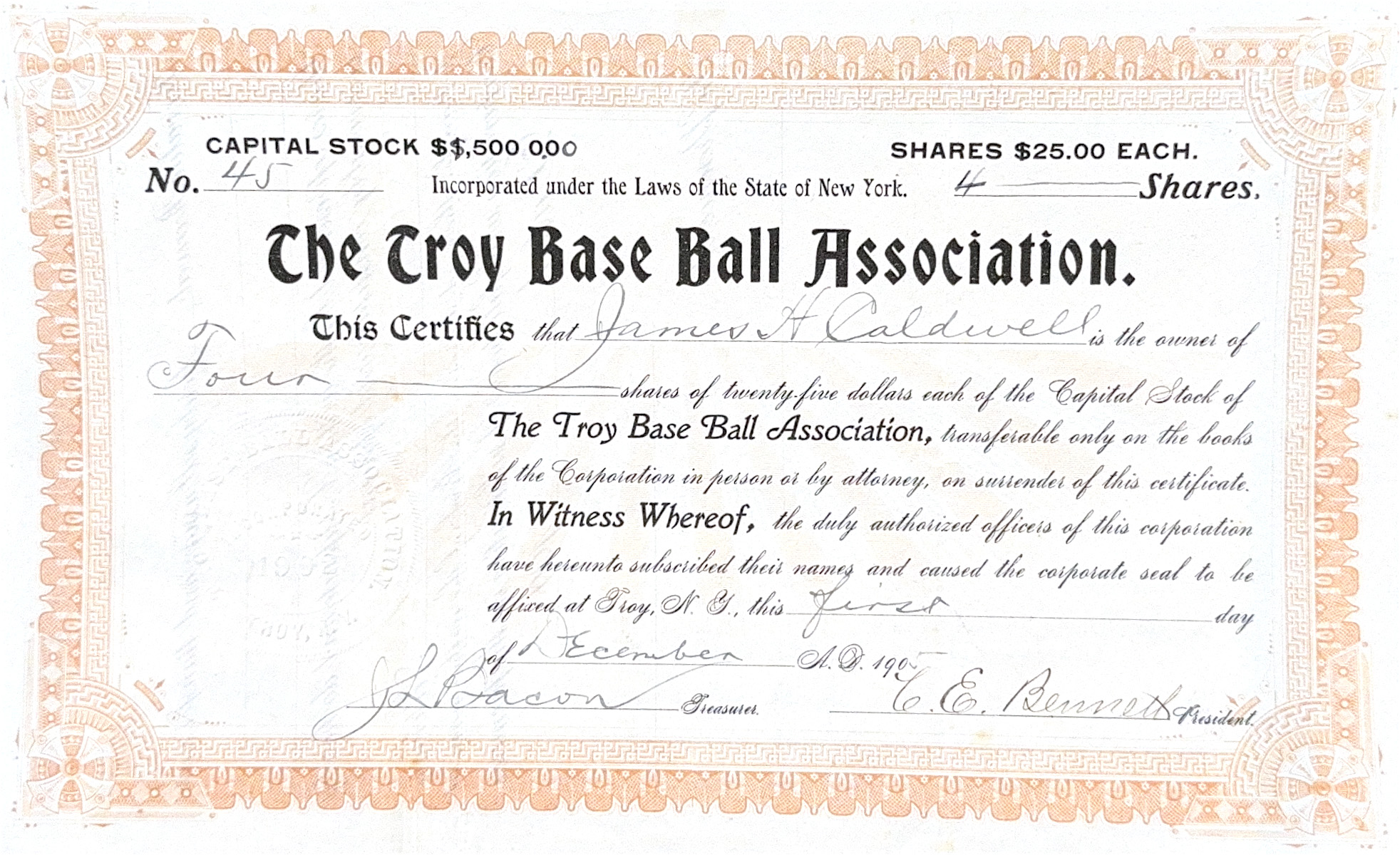 Stock certificate four shares of ownership for the Troy Base Ball Association dated Dec. 1, 1905.
