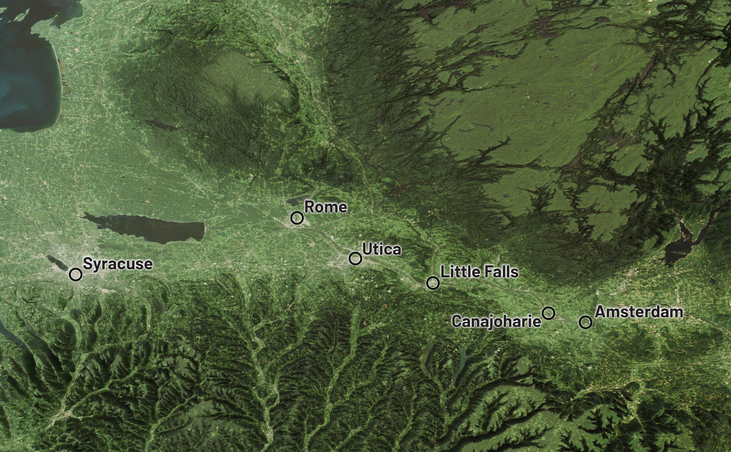 Topographical map of central New York showing Little Falls location in the Mohawk Valley between Syracuse and Amsterdam.