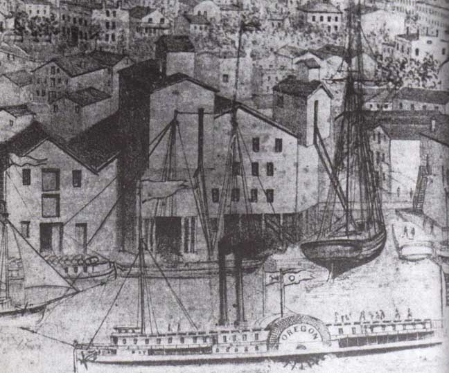 Sketch of the Buffalo port where Joseph Dart and Robert Dunbar invented the steam-powered grain elevator that eventually helps transform Buffalo into an economic powerhouse.