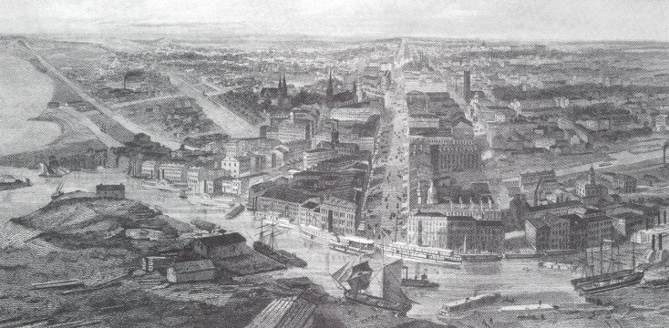 Mid-1800s sketch of Buffalo's waterfront and main port.