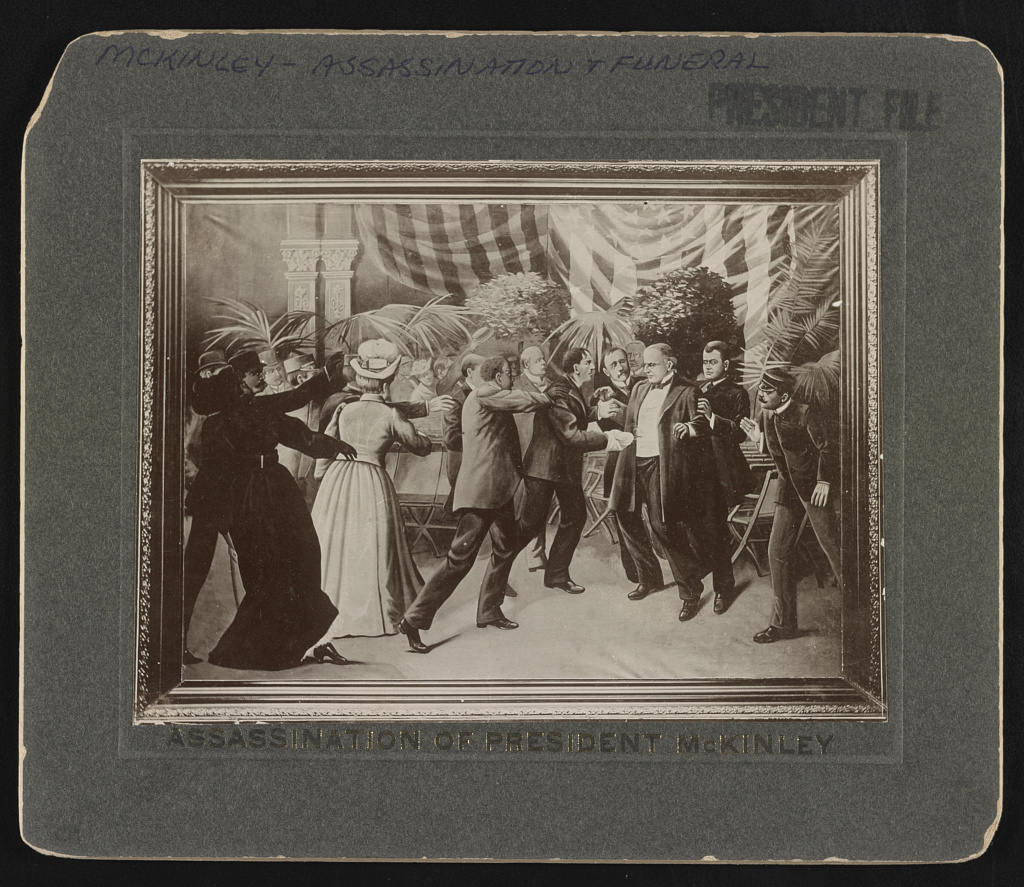 Czolgosz shoots President McKinley with a concealed revolver, at Pan-American Exposition reception in Buffalo, Sept. 6th, 1901.